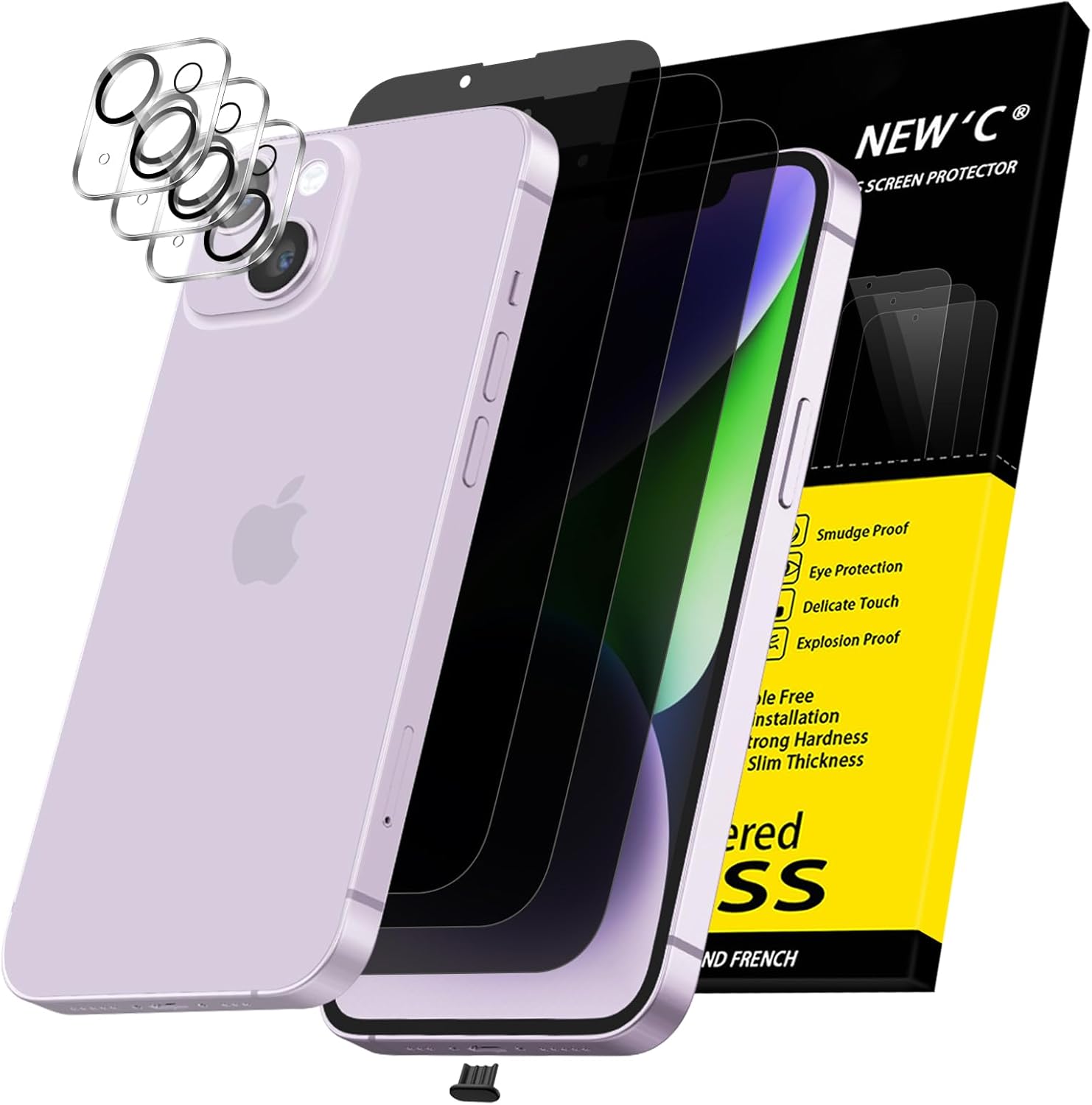NEWC 3X Privacy for iPhone 14 Screen Protector 6.1 inches 3X Camera Lens Protector, Sensor Protection, Case Friendly Tempered Glass Film  Dust Plug - Enhanced Privacy Angle of 28 Degrees